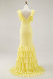 Daffodil Mermaid V Neck Ruffled Formal Dress With Slit