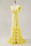 Daffodil Mermaid V Neck Ruffled Formal Dress With Slit
