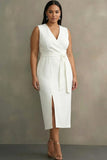 White Satin V-Neck Plus Size Work Dress with Belt