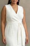 White Satin V-Neck Plus Size Work Dress with Belt
