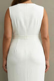 White Satin V-Neck Plus Size Work Dress with Belt
