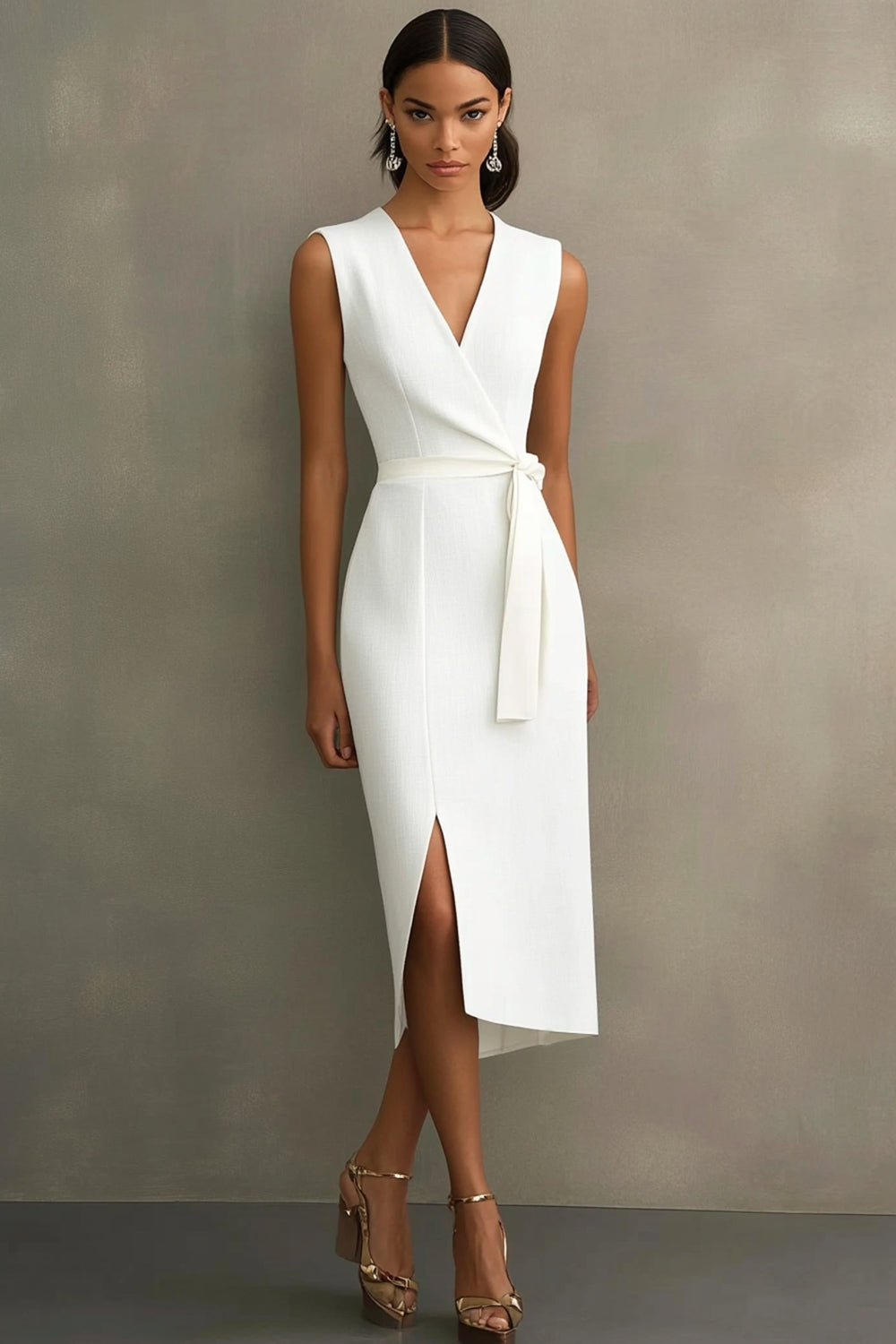 work cocktail dress Wedtrend Women White Work Dress with Belt Satin V-Neck Tea Length Cocktail Dress with Slit, White / US8