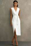 White Satin V-Neck Work Dress with Belt