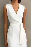 White Satin V-Neck Work Dress with Belt