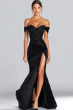 Mermaid Off The Shoulder Long Stain Black Tie Formal Dress With Slit