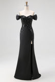 Mermaid Off The Shoulder Long Stain Black Tie Formal Dress With Slit