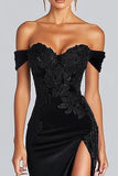 Mermaid Off The Shoulder Long Stain Black Tie Formal Dress With Slit