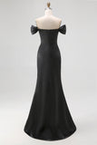 Mermaid Off The Shoulder Long Stain Black Tie Formal Dress With Slit