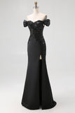 Mermaid Off The Shoulder Long Stain Black Tie Formal Dress With Slit