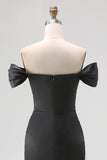 Mermaid Off The Shoulder Long Stain Black Tie Formal Dress With Slit