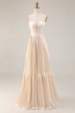Champagne Strapless A Line Pleated Long Prom Dress