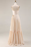 Champagne Strapless A Line Pleated Long Prom Dress