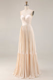 Champagne Strapless A Line Pleated Long Prom Dress