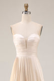 Champagne Strapless A Line Pleated Long Prom Dress