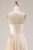 Champagne Strapless A Line Pleated Long Prom Dress