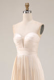 Champagne Strapless A Line Pleated Long Prom Dress