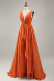 Dusty Sage V Neck A Line Long Formal Dress With Ruffles