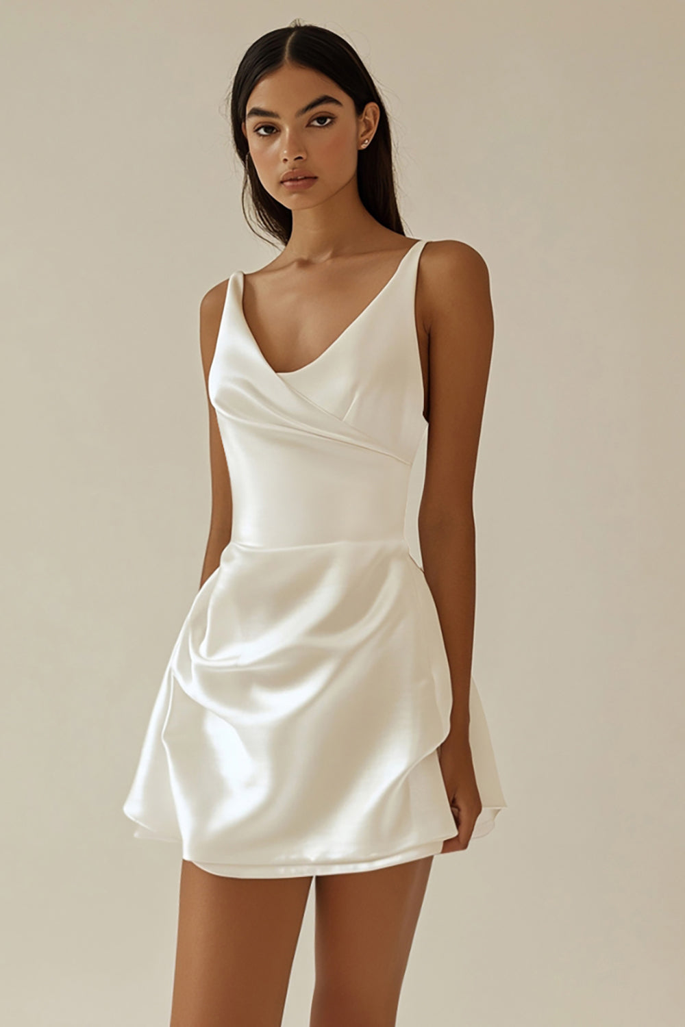 silk graduation dress Wedtrend Women Mini Graduation Dress A Line Satin V Neck Little White Dress – WEDTREND
