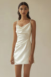 White Cowl Neck Satin Short Graduation Dress