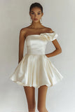 Chic White One Shoulder Ruffle Satin Mini Graduation Dress