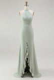 Dusty Sage Halter Mermaid Long Bridesmaid Dress with Slit