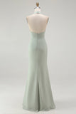 Dusty Sage Halter Mermaid Long Bridesmaid Dress with Slit
