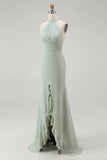 Dusty Sage Halter Mermaid Long Bridesmaid Dress with Slit