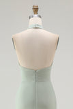 Dusty Sage Halter Mermaid Long Bridesmaid Dress with Slit