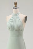 Dusty Sage Halter Mermaid Long Bridesmaid Dress with Slit