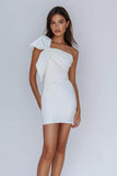 One Shoulder White Bodycon Homecoming Dress with Bow