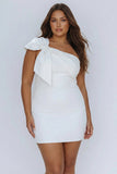 White One Shoulder Bodycon Plus Size Graduation Dress with Bow