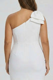 White One Shoulder Bodycon Plus Size Graduation Dress with Bow