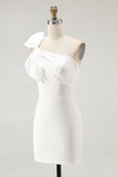 One Shoulder White Bodycon Homecoming Dress with Bow