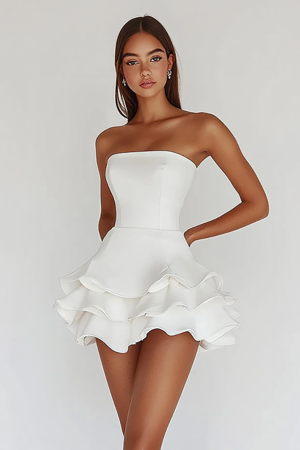 Wedtrend Women Strapless Graduation Dress A Line Tiered Satin Little White Dress WEDTREND Wedtrend Women Strapless Graduation Dress A Line Tiered Satin Little White Dress WEDTREND
