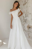 White A Line Off the Shoulder Ruched Chiffon Maxi Dress