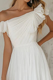 White A Line Off the Shoulder Ruched Chiffon Maxi Dress