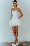 Strapless White A Line Satin Short Graduation Dress with Ruffles