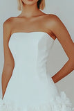 Strapless White A Line Satin Short Graduation Dress with Ruffles