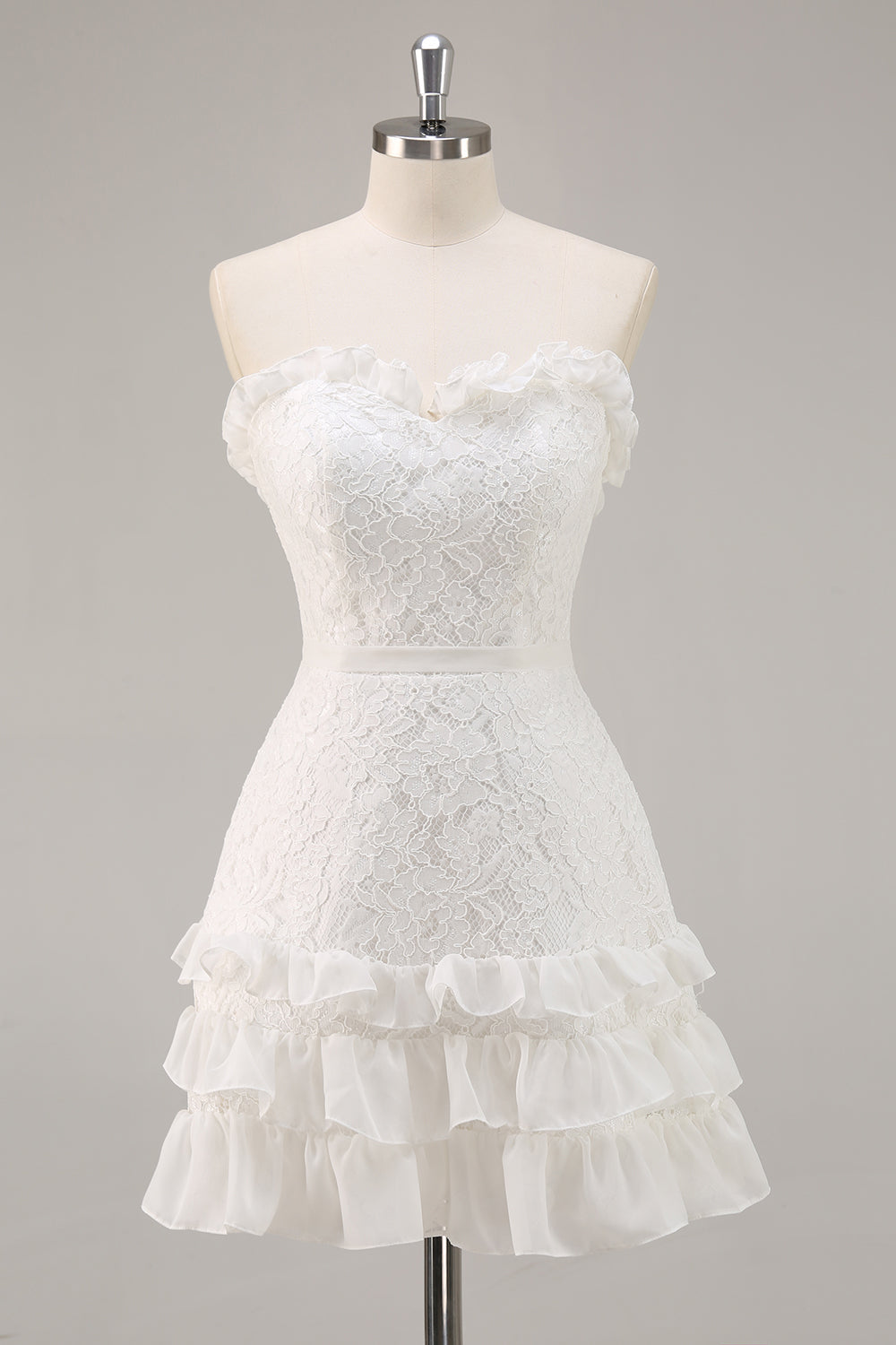 WEDTREND Women White Graduation Dress Tiered Strapless Lace A Line Mini