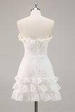 White Tiered A Line Strapless Lace Graduation Dress