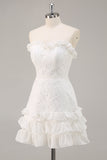 White Tiered A Line Strapless Lace Graduation Dress