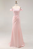 Mermaid Off the Shoulder Satin Pink Long Formal Dress with Lace