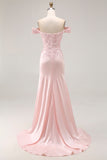 Mermaid Off the Shoulder Satin Pink Long Formal Dress with Lace