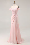 Mermaid Off the Shoulder Satin Pink Long Formal Dress with Lace