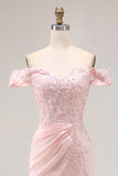 Mermaid Off the Shoulder Satin Pink Long Formal Dress with Lace