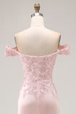 Mermaid Off the Shoulder Satin Pink Long Formal Dress with Lace