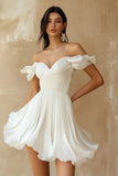 Off the Shoulder Ruffled White A Line Graduation Dress