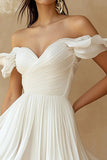 Off the Shoulder Ruffled White A Line Graduation Dress