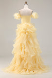 Off the Shoulder Mermaid Yellow Long Prom Dress with Ruffles
