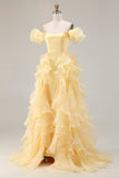 Off the Shoulder Mermaid Yellow Long Prom Dress with Ruffles